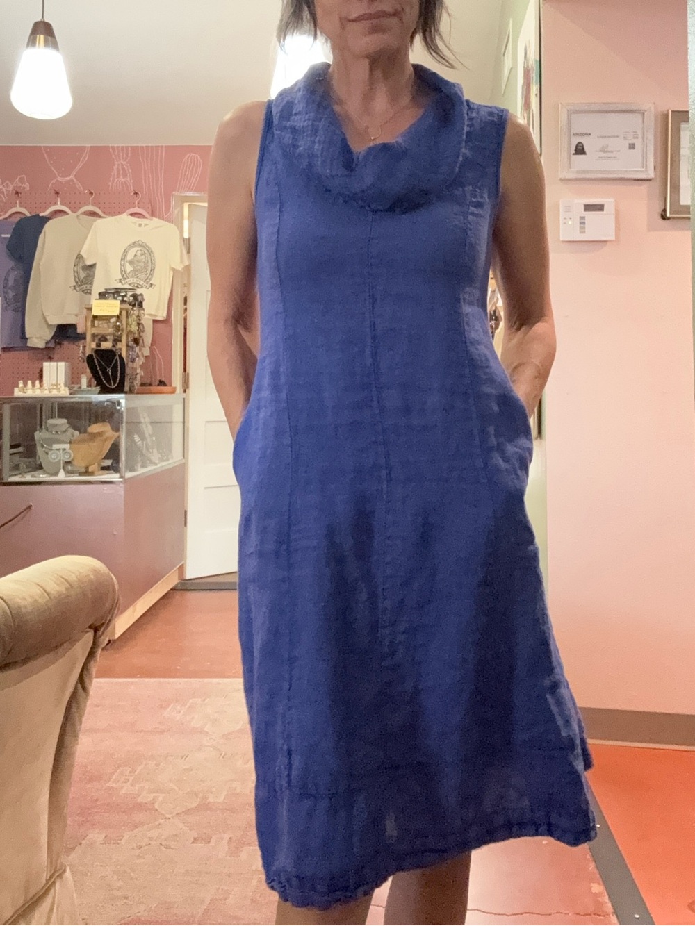 Inizio royal blue cowl neck sleeveless linen A Line midi dress size small